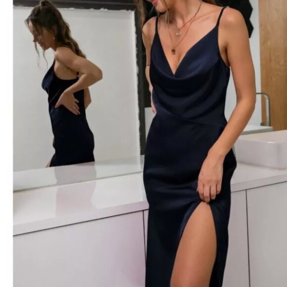 d&m New Satin Slip Dress Spaghetti Strap Slit Navy Blue Silky Sexy Size Medium - Picture 2 of 5